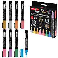 Маркеры меловые CHALK LIQUID MARKER, МЕТАЛЛИК, НАБОР 8 ЦВЕТОВ, 3 мм, стираемые, BRAUBERG "CHALK", 152599