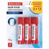 Клей-карандаш 15 г ВЫГОДНАЯ УПАКОВКА BRAUBERG, 3 штуки на блистере, 271307 фото Клей-карандаш 15 г ВЫГОДНАЯ УПАКОВКА BRAUBERG, 3 штуки на блистере, 271307