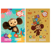 Набор А4 цв. мелов. картона, 8л., 8цв. и цв. двустор. офсет. бумаги, 32л., 16 цв., Мульти-Пульти "Чебурашка", в папке