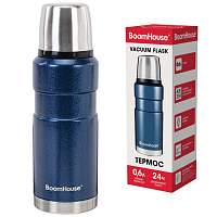 Термос 0,6 л, BOOMHOUSE (БумХаус) DARKBLUE, нержавеющая сталь SUS304, молотковая эмаль, крышка/кружка, синий, 700309