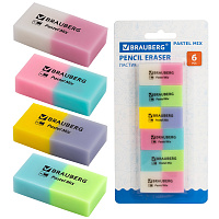 Набор ластиков BRAUBERG "Pastel Mix", 6 шт., цвета ассорти, 44х21х10 мм, экологичный ПВХ, 229597 фото Набор ластиков BRAUBERG "Pastel Mix", 6 шт., цвета ассорти, 44х21х10 мм, экологичный ПВХ, 229597