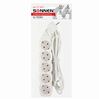 Удлинитель сетевой SONNEN U-155G, 5 розеток, c заземлением, 10 А, 5 м, белый, 511437 фото Удлинитель сетевой SONNEN U-155G, 5 розеток, c заземлением, 10 А, 5 м, белый, 511437
