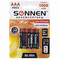 Батарейки аккумуляторные Ni-Mh мизинчиковые КОМПЛЕКТ 4 шт., AAA (HR03) 1000 mAh, SONNEN, 455610 фото Батарейки аккумуляторные Ni-Mh мизинчиковые КОМПЛЕКТ 4 шт., AAA (HR03) 1000 mAh, SONNEN, 455610