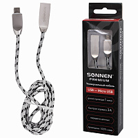 Кабель USB 2.0 – micro USB, 1 м, SONNEN Premium, медь, передача данных и быстрая зарядка, 513125 фото Кабель USB 2.0 – micro USB, 1 м, SONNEN Premium, медь, передача данных и быстрая зарядка, 513125