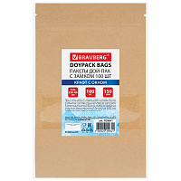 Пакеты дой-пак с замком ZIP LOCK, крафт с окном 50 мм, 150х220 + 40 мм, КОМПЛЕКТ 100 штук, 150 мкм, BRAUBERG, 700691