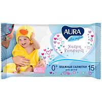 Салфетки влажные Aura "Ultra comfort", 15шт., детские, универсал. очищающие, без спирта фото Салфетки влажные Aura "Ultra comfort", 15шт., детские, универсал. очищающие, без спирта