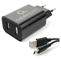 Зарядное устройство CABLEXPERT 12 Вт, 2.4 А, 2 х USB, кабель Type-C, 1 м, черный, коробка-блистер, MP3A-PC-37 фото Зарядное устройство CABLEXPERT 12 Вт, 2.4 А, 2 х USB, кабель Type-C, 1 м, черный, коробка-блистер, MP3A-PC-37