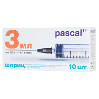 Шприц 3-х компонентный PASCAL, 3 мл, КОМПЛЕКТ 10 шт., в коробке, игла 0,7х40 - 22G, 120307 фото Шприц 3-х компонентный PASCAL, 3 мл, КОМПЛЕКТ 10 шт., в коробке, игла 0,7х40 - 22G, 120307