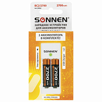 Зарядное устройство с аккумуляторами 2 шт. AA (HR6), 2700 mAh, SONNEN BC2, в блистере, 454239 фото Зарядное устройство с аккумуляторами 2 шт. AA (HR6), 2700 mAh, SONNEN BC2, в блистере, 454239