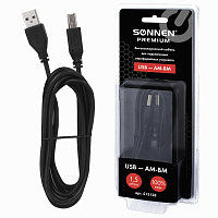 Кабель USB 2.0 AM-BM, 1,5 м, SONNEN Premium, медь, для подключения принтеров, сканеров, МФУ, плоттеров, экранированный, черный, 513128 фото Кабель USB 2.0 AM-BM, 1,5 м, SONNEN Premium, медь, для подключения принтеров, сканеров, МФУ, плоттеров, экранированный, черный, 513128