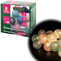 Электрогирлянда-нить комнатная "Cotton Balls" 3 м, 15 LED, теплый белый, на батарейках, ЗОЛОТАЯ СКАЗКА, 591729 фото Электрогирлянда-нить комнатная "Cotton Balls" 3 м, 15 LED, теплый белый, на батарейках, ЗОЛОТАЯ СКАЗКА, 591729