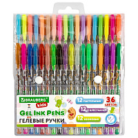 Ручки гелевые BRAUBERG KIDS "CUTE ANIMALS", НАБОР 36 ЦВЕТОВ, корпус с печатью, узел 1 мм, линия письма 0,7 мм, 144448