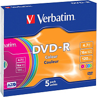 Диск DVD-R Verbatim 4.7 ГБ 16x slim box 43557 (5 штук в упаковке) фото Диск DVD-R Verbatim 4.7 ГБ 16x slim box 43557 (5 штук в упаковке)
