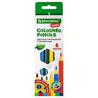 Карандаши цветные утолщенные BRAUBERG KIDS, 6 цветов, шестигранные, грифель 5 мм, натуральное дерево, 181877 фото Карандаши цветные утолщенные BRAUBERG KIDS, 6 цветов, шестигранные, грифель 5 мм, натуральное дерево, 181877