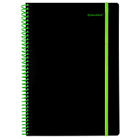 Тетрадь обложка пластик, А4 80 л., спираль пластик, резинка, клетка, BRAUBERG, черный/зеленый, 405383