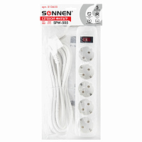 Сетевой фильтр SONNEN SPW-505, 5 розеток с заземлением, выключатель, 10 А, 5 м, белый, 513655 фото Сетевой фильтр SONNEN SPW-505, 5 розеток с заземлением, выключатель, 10 А, 5 м, белый, 513655