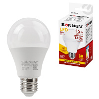 Лампа светодиодная SONNEN, 15 (130) Вт, цоколь Е27, груша, теплый белый, 30000 ч, LED A65-15W-2700-E27, 454919 фото Лампа светодиодная SONNEN, 15 (130) Вт, цоколь Е27, груша, теплый белый, 30000 ч, LED A65-15W-2700-E27, 454919