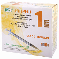 Шприц инсулиновый SFМ 1 мл U-100 26G (0.45х12 мм, 100 штук в упаковке) фото Шприц инсулиновый SFМ 1 мл U-100 26G (0.45х12 мм, 100 штук в упаковке)