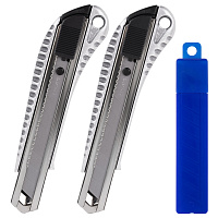 Нож канцелярский 18 мм, КОМПЛЕКТ 2 штуки + 10 ЛЕЗВИЙ, BRAUBERG Metallic, металлический корпус, 273929