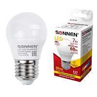 Лампа светодиодная SONNEN, 7 (60) Вт, цоколь E27, шар, теплый белый свет, 30000 ч, LED G45-7W-2700-E27, 453703 фото Лампа светодиодная SONNEN, 7 (60) Вт, цоколь E27, шар, теплый белый свет, 30000 ч, LED G45-7W-2700-E27, 453703
