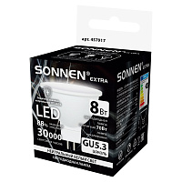 Лампа светодиодная SONNEN EXTRA, 8 (70) Вт, GU5.3, софит, нейтральный белый, 30000 ч, LED MR16-8W-4000-GU5.3, 457917
