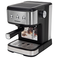 Кофеварка рожковая ручной капучинатор SONNEN CM8501, 1100 Вт, 1,5 л, 15 бар, черная/серебро, 456335 фото Кофеварка рожковая ручной капучинатор SONNEN CM8501, 1100 Вт, 1,5 л, 15 бар, черная/серебро, 456335