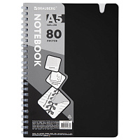 Тетрадь обложка пластик, А5 80 л., гребень мягкий, вырубка для ручки, клетка, BRAUBERG, черный, 405376