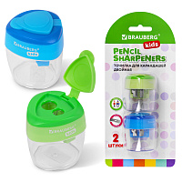 Точилки BRAUBERG KIDS "MAXI", 2 ШТУКИ, 2 отверстия, с большим контейнером, трехгранный корпус, цвета ассорти, блистер, 271947