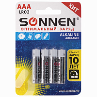 Батарейки КОМПЛЕКТ 4 шт., SONNEN Alkaline, AAA (LR03, 24А), алкалиновые, мизинчиковые, в блистере, 451088 фото Батарейки КОМПЛЕКТ 4 шт., SONNEN Alkaline, AAA (LR03, 24А), алкалиновые, мизинчиковые, в блистере, 451088
