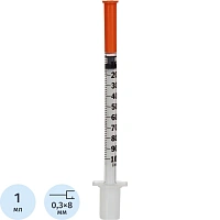 Шприц инсулиновый BD 1 мл U-100 30G 0.3x8 мм (10 штук в упаковке) фото Шприц инсулиновый BD 1 мл U-100 30G 0.3x8 мм (10 штук в упаковке)