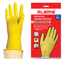 Перчатки МНОГОРАЗОВЫЕ латексные LAIMA "ПРЕМИУМ", хлопчатобумажное напыление, СВЕРХПЛОТНЫЕ, размер 7-8, M (средний), желтые, вес 60 г, 600571