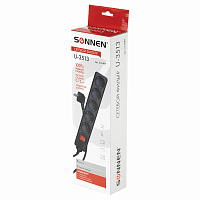 Сетевой фильтр SONNEN U-3513, 5 розеток, с заземлением, выключатель, 10 А, 3 м, черный, 513489 фото Сетевой фильтр SONNEN U-3513, 5 розеток, с заземлением, выключатель, 10 А, 3 м, черный, 513489