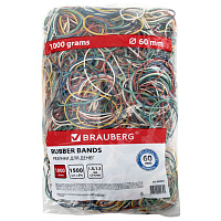 Резинки банковские универсальные диаметром 60 мм, BRAUBERG 1000 г, цветные, натуральный каучук, 440051