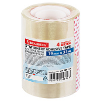 Клейкие ленты 19 мм х 33 м канцелярские BRAUBERG, КОМПЛЕКТ 4 шт., прозрачные, гарантированная длина, 228762