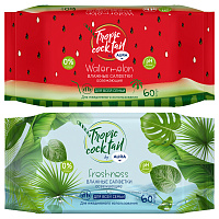 Влажные салфетки освежающие Aura Tropic Cocktail 60 штук в упаковке фото Влажные салфетки освежающие Aura Tropic Cocktail 60 штук в упаковке