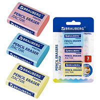 Ластики BRAUBERG PASTEL MAXI НАБОР 3 штуки, размер ластика 44х32х13 мм, упаковка блистер, 271345 фото Ластики BRAUBERG PASTEL MAXI НАБОР 3 штуки, размер ластика 44х32х13 мм, упаковка блистер, 271345