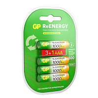 Батарейки аккумуляторные GP ReEnergy Ni-Mh КОМПЛЕКТ 4 шт. (ПРОМО 3+1), ААА (HR03), 950 mAh, 100AAAHC3/1RGY фото Батарейки аккумуляторные GP ReEnergy Ni-Mh КОМПЛЕКТ 4 шт. (ПРОМО 3+1), ААА (HR03), 950 mAh, 100AAAHC3/1RGY