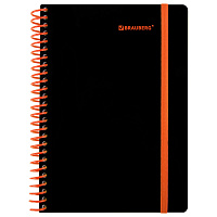 Тетрадь обложка пластик, А5 80 л., спираль пластик, резинка, клетка, BRAUBERG, черный/оранжевый, 405386