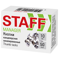 Кнопки канцелярские STAFF "Manager", металлические, никелированные, 10 мм, 50 шт., в картонной коробке, 225286 фото Кнопки канцелярские STAFF "Manager", металлические, никелированные, 10 мм, 50 шт., в картонной коробке, 225286