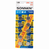 Батарейки алкалиновые "таблетка" КОМПЛЕКТ 10 шт., SONNEN Alkaline 76A (G13, LR44), в блистере, 457137 фото Батарейки алкалиновые "таблетка" КОМПЛЕКТ 10 шт., SONNEN Alkaline 76A (G13, LR44), в блистере, 457137