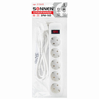 Сетевой фильтр SONNEN SPW-185, 5 розеток с заземлением, выключатель, 10 А, 1,8 м, белый, 513653 фото Сетевой фильтр SONNEN SPW-185, 5 розеток с заземлением, выключатель, 10 А, 1,8 м, белый, 513653