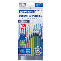 Карандаши цветные BRAUBERG METALLIC, 12 цветов металлик, трехгранные, грифель 3 мм, черное дерево, 181853 фото Карандаши цветные BRAUBERG METALLIC, 12 цветов металлик, трехгранные, грифель 3 мм, черное дерево, 181853