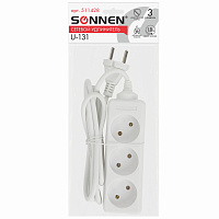 Удлинитель сетевой SONNEN U-131, 3 розетки, без заземления, 6 А, 1,8 м, белый, 511428 фото Удлинитель сетевой SONNEN U-131, 3 розетки, без заземления, 6 А, 1,8 м, белый, 511428