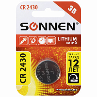 Батарейка литиевая CR2430 1 шт. "таблетка, дисковая, кнопочная" SONNEN Lithium, в блистере, 455600 фото Батарейка литиевая CR2430 1 шт. "таблетка, дисковая, кнопочная" SONNEN Lithium, в блистере, 455600
