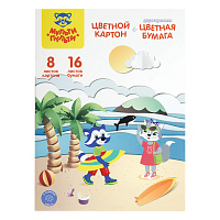 Набор А4 цв. немел. картона, 8л., 8цв. и цв. двустор. газет. бумаги, 16л., 16цв., Мульти-Пульти "Енот в России", на склейке фото Набор А4 цв. немел. картона, 8л., 8цв. и цв. двустор. газет. бумаги, 16л., 16цв., Мульти-Пульти "Енот в России", на склейке