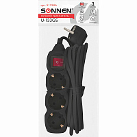 Удлинитель сетевой SONNEN U-133GS, 3 розетки, c заземлением, выключатель, 10 А, 3 м, черный, 513266 фото Удлинитель сетевой SONNEN U-133GS, 3 розетки, c заземлением, выключатель, 10 А, 3 м, черный, 513266