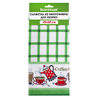 Салфетка из МИКРОФИБРЫ универсальная, 40х60 см, зеленая клетка, орнамент, 240 г/м2, BOOMHOUSE (БУМХАУС), 700878