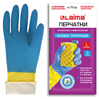 Перчатки МНОГОРАЗОВЫЕ латексные LAIMA "БИКОЛОР", сине-желтые, ОСОБО ПРОЧНЫЕ, хлопковое напыление, размер L (большой), вес 60 г, 700543
