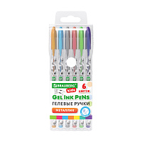 Ручки гелевые МЕТАЛЛИК BRAUBERG KIDS "CUTE ANIMALS", НАБОР 6 ЦВЕТОВ, корпус с печатью, узел 1 мм, линия письма 0,7 мм, 144440