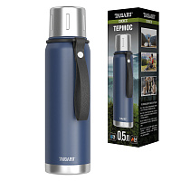 Термос 0,5 л TAIGARU (ТАЙГАРУ) CHOICE, нержавеющая сталь SUS316, крышка/кружка, ремешок, синий матовый, 700312